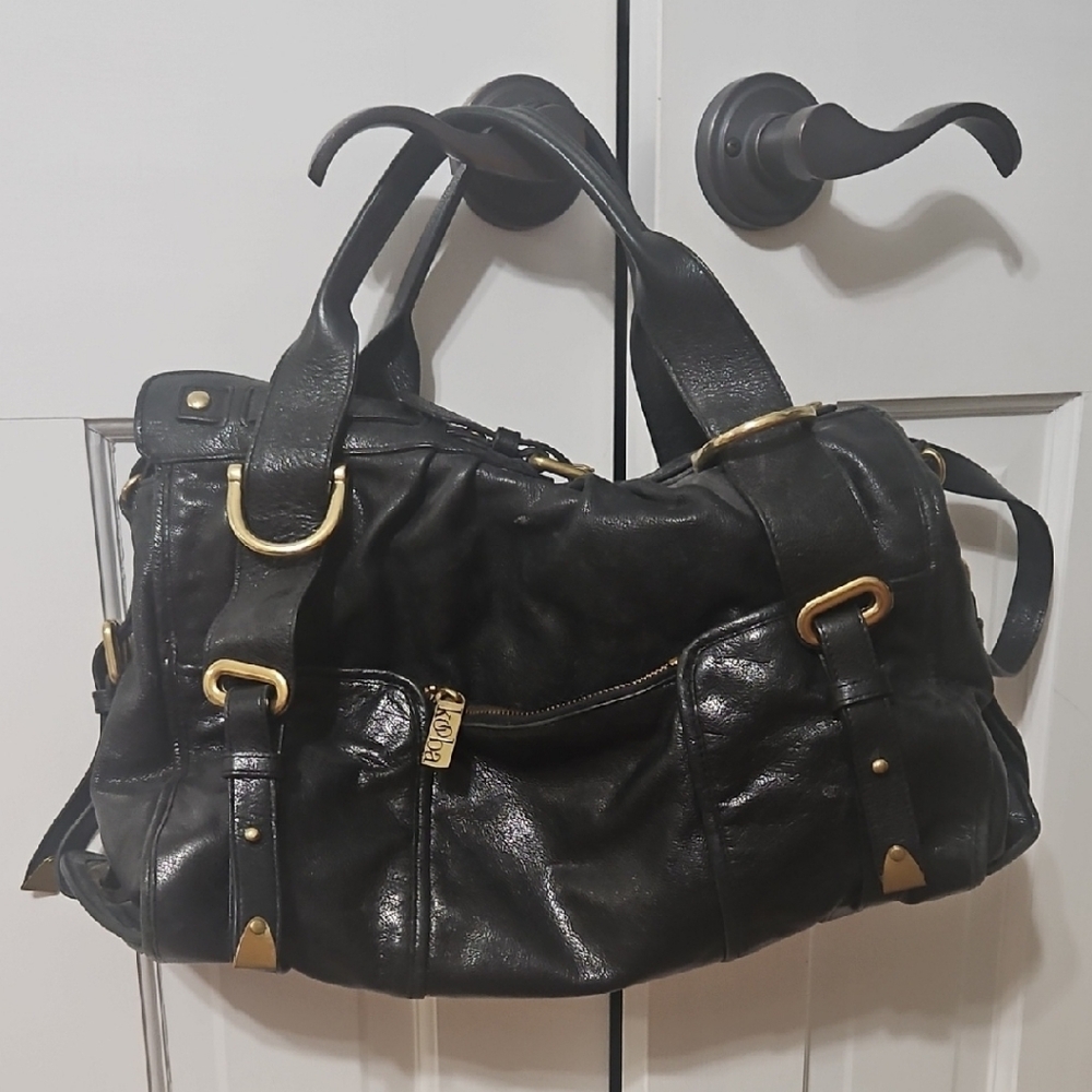 KOOMBA Black and Gold Satchel with Glossy Finish